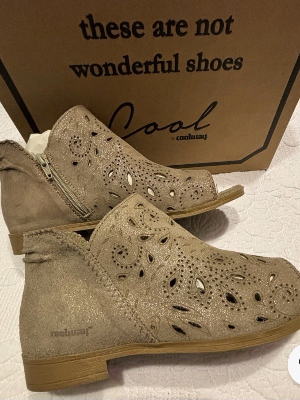 Coolway Taupe Laser-Cut Peep-Toe Ankle Booties